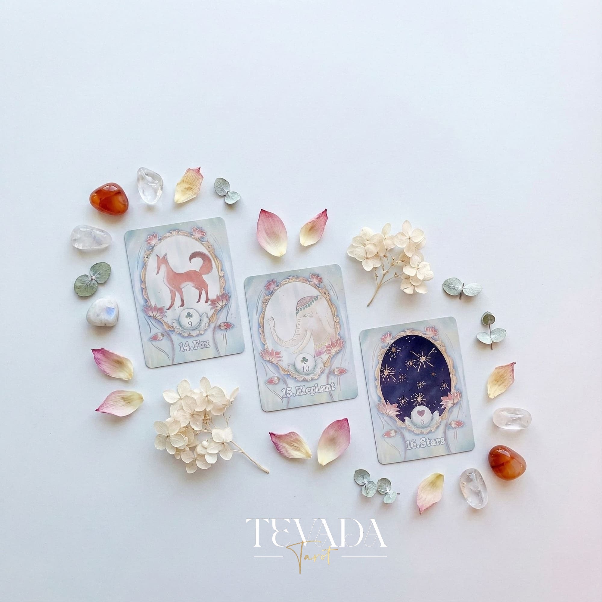 Baraja Lotus Path Lenormand con lámina dorada holográfica y arte de loto en colores pastel para una adivinación intuitiva.