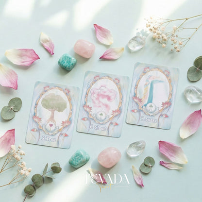 ロータス パス ルノルマン デッキには、ホログラフィックの金箔とパステルのロータス アートが施されており、直感的な占いが可能です。