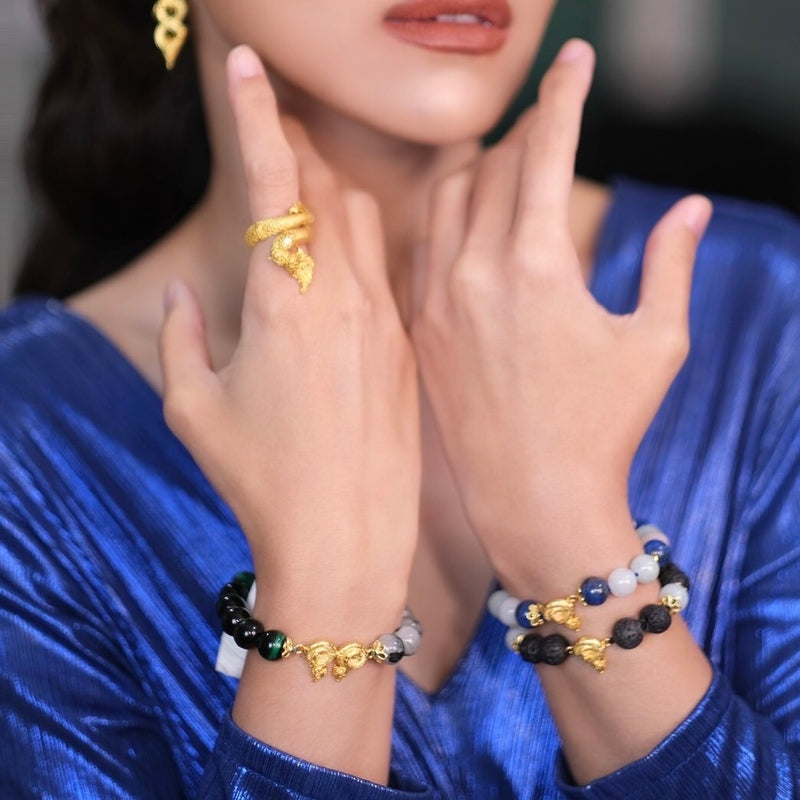 Adorn yourself with the Lucky Beads Gemstone Bracelet DUO NAGA, a fusion of spiritual power and elegance. Featuring tri-color jade and cat's eye stones for prosperity and protection