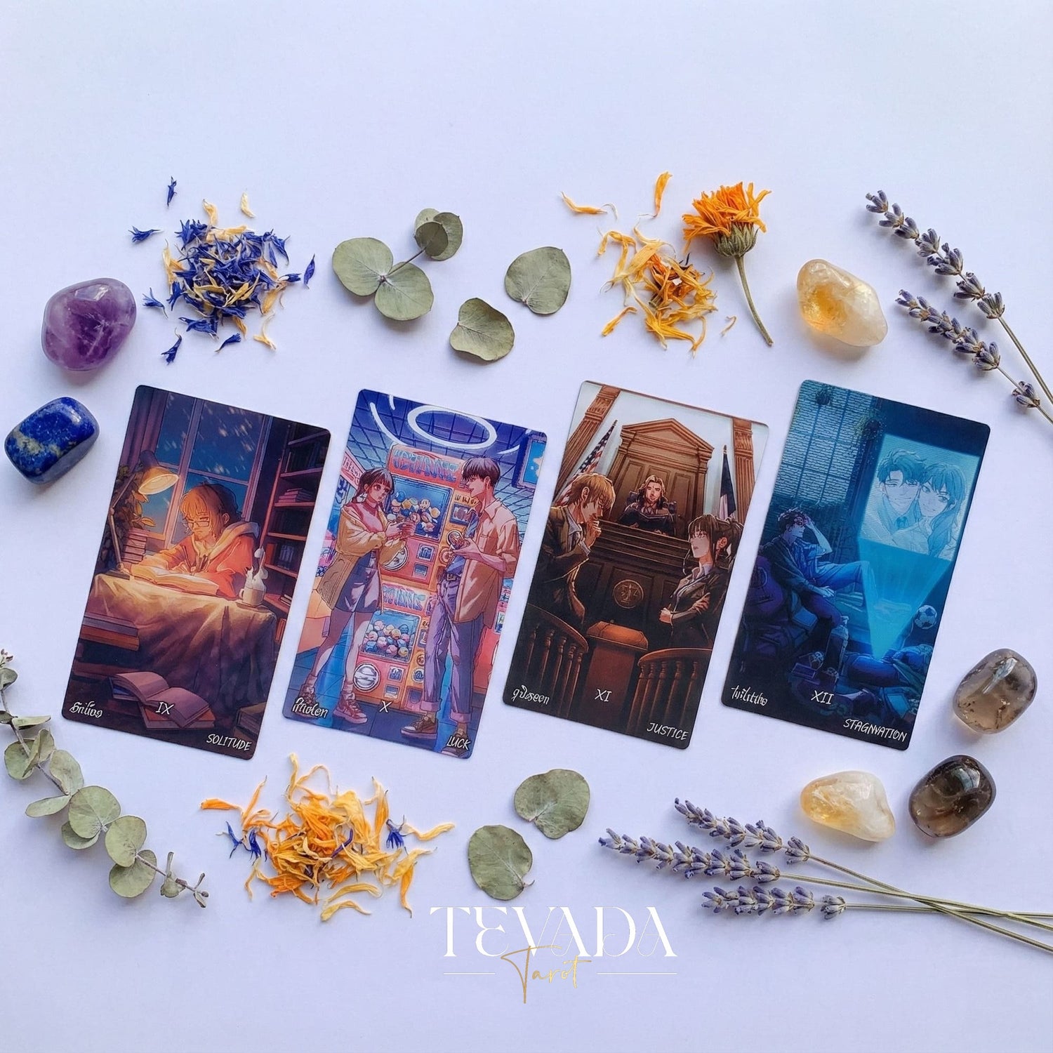 Lucky in Love Tarot Deck featuring modern Korean manhwa art and red glitter edges for love readings.