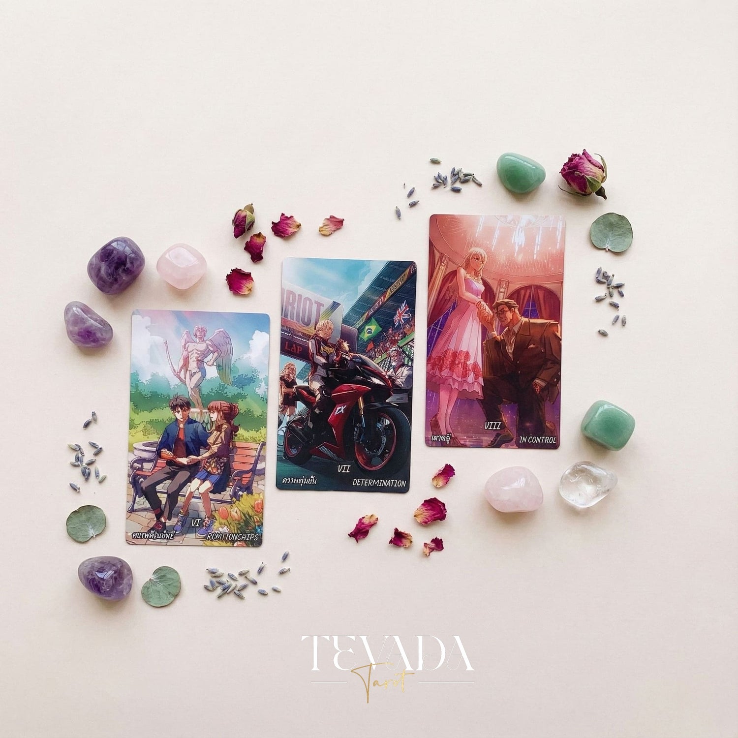 Lucky in Love Tarot Deck featuring modern Korean manhwa art and red glitter edges for love readings.