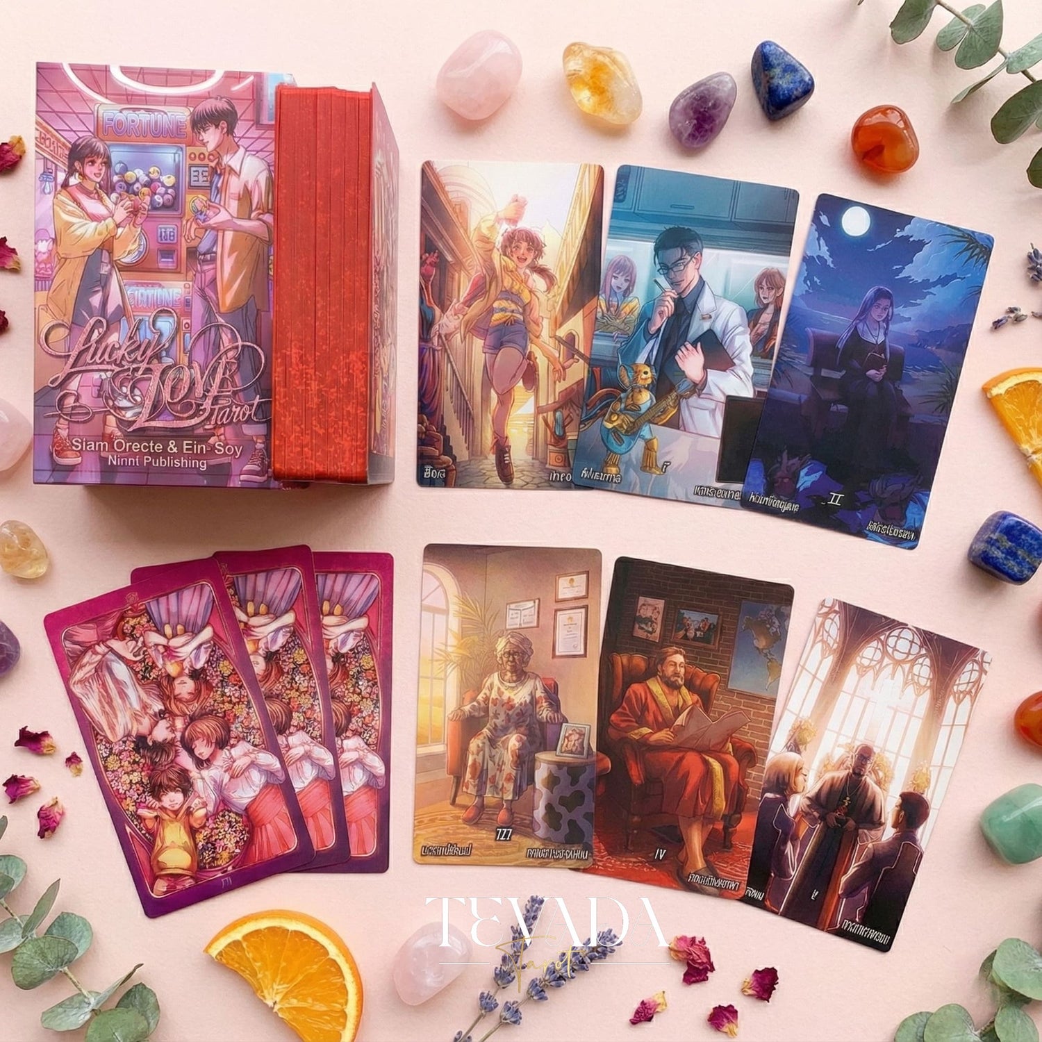 現代の韓国マンガアートと愛のリーディング用の赤いグリッターエッジを特徴とする、Lucky in Love タロットデッキ。