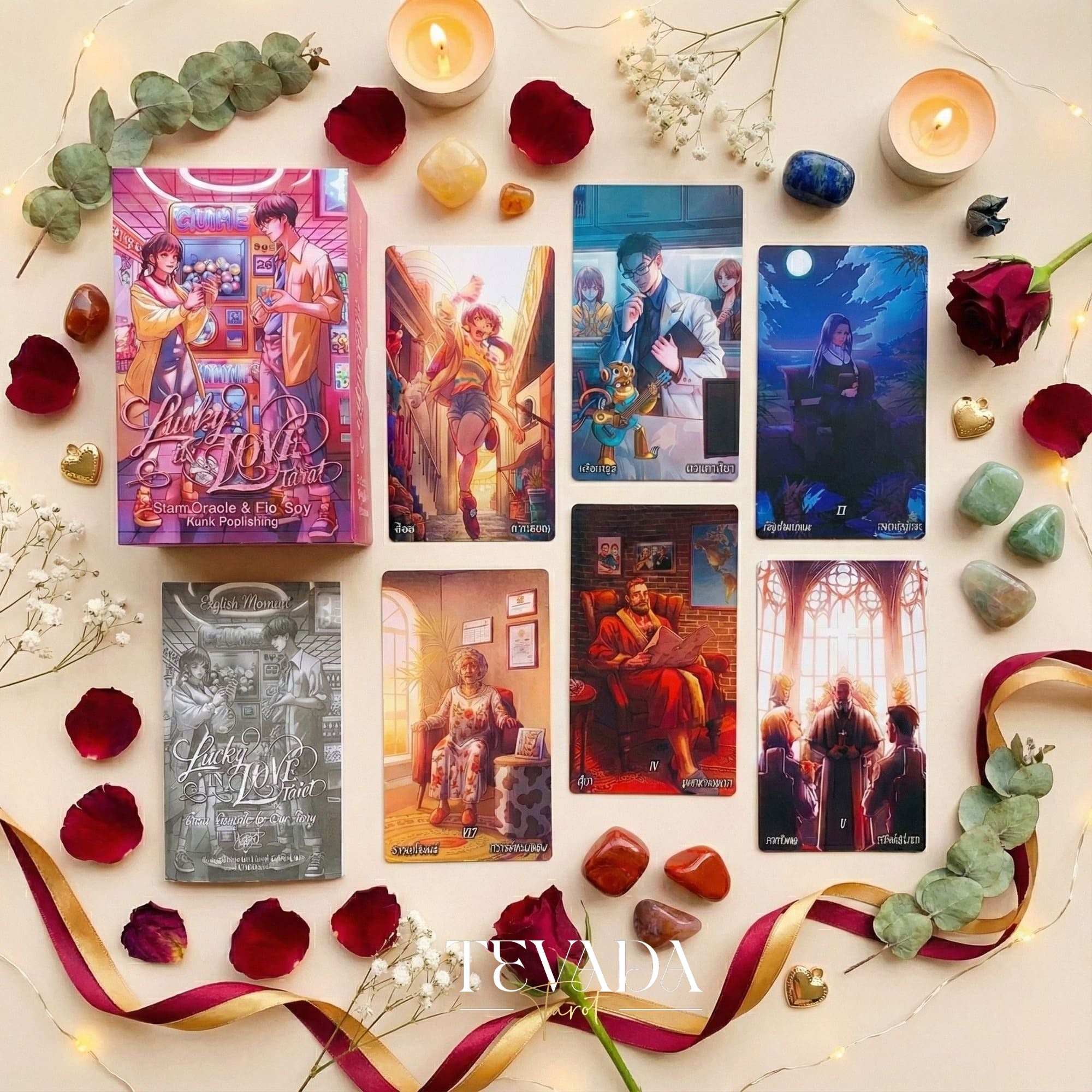 現代の韓国マンガアートと愛のリーディング用の赤いグリッターエッジを特徴とする、Lucky in Love タロットデッキ。