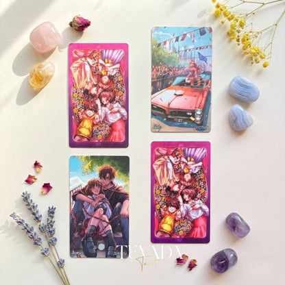 Lucky in Love Tarot Deck featuring modern Korean manhwa art and red glitter edges for love readings.