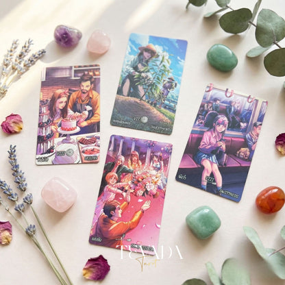 Lucky in Love Tarot Deck featuring modern Korean manhwa art and red glitter edges for love readings.