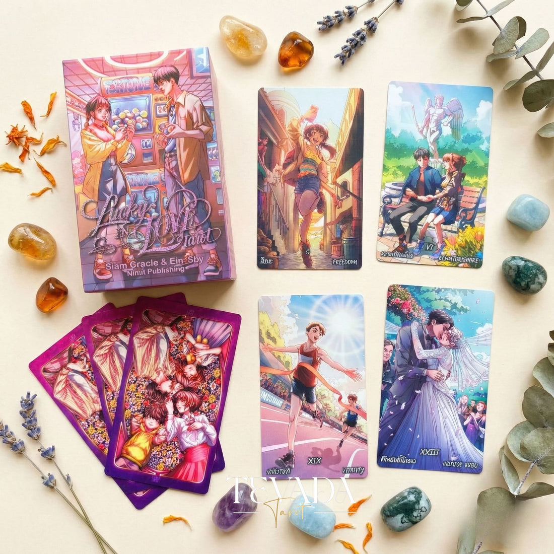 Lucky in Love Tarot Deck featuring modern Korean manhwa art and red glitter edges for love readings.