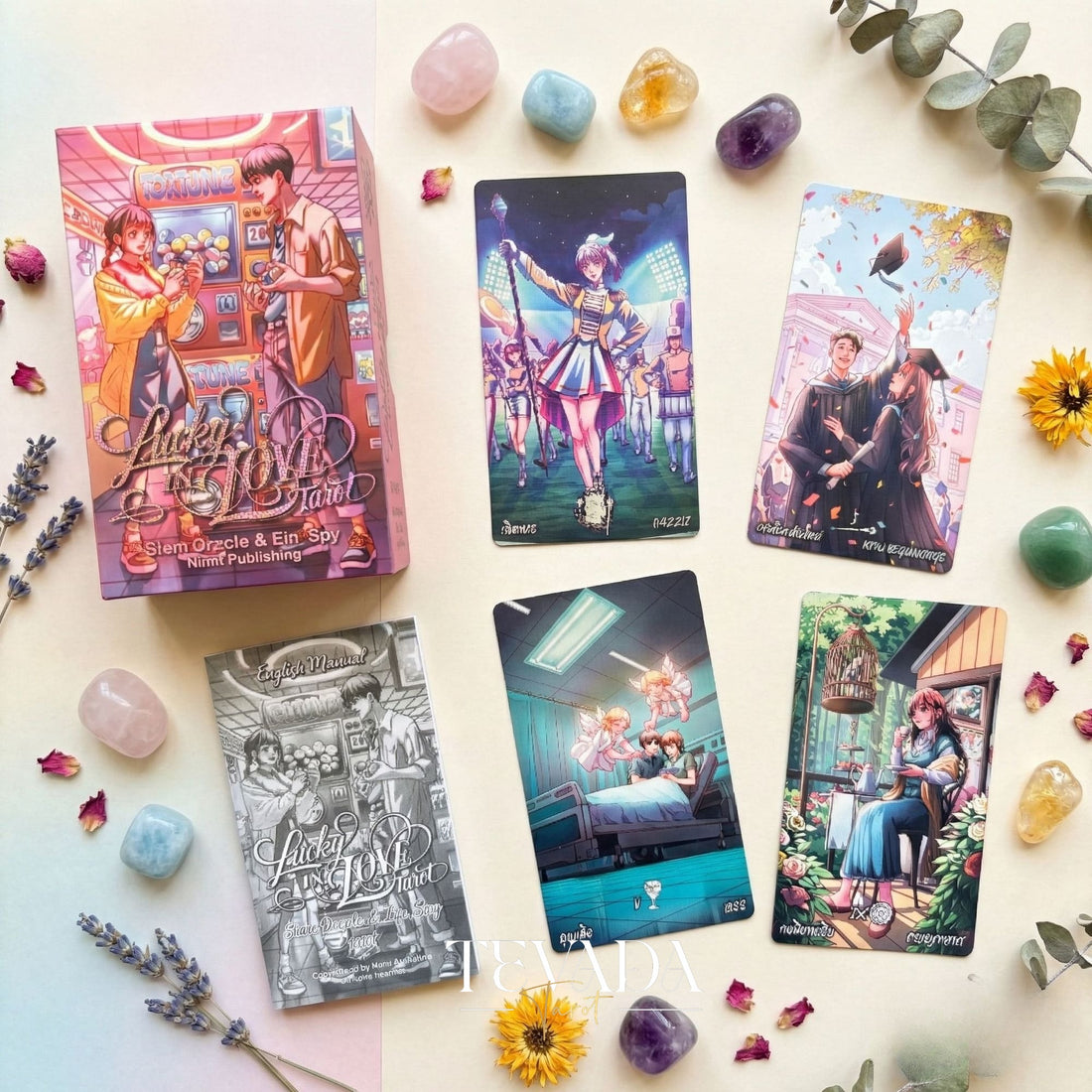 Lucky in Love Tarot Deck featuring modern Korean manhwa art and red glitter edges for love readings.