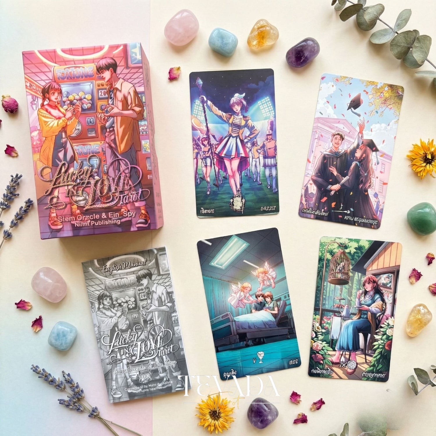 Lucky in Love Tarot Deck featuring modern Korean manhwa art and red glitter edges for love readings.