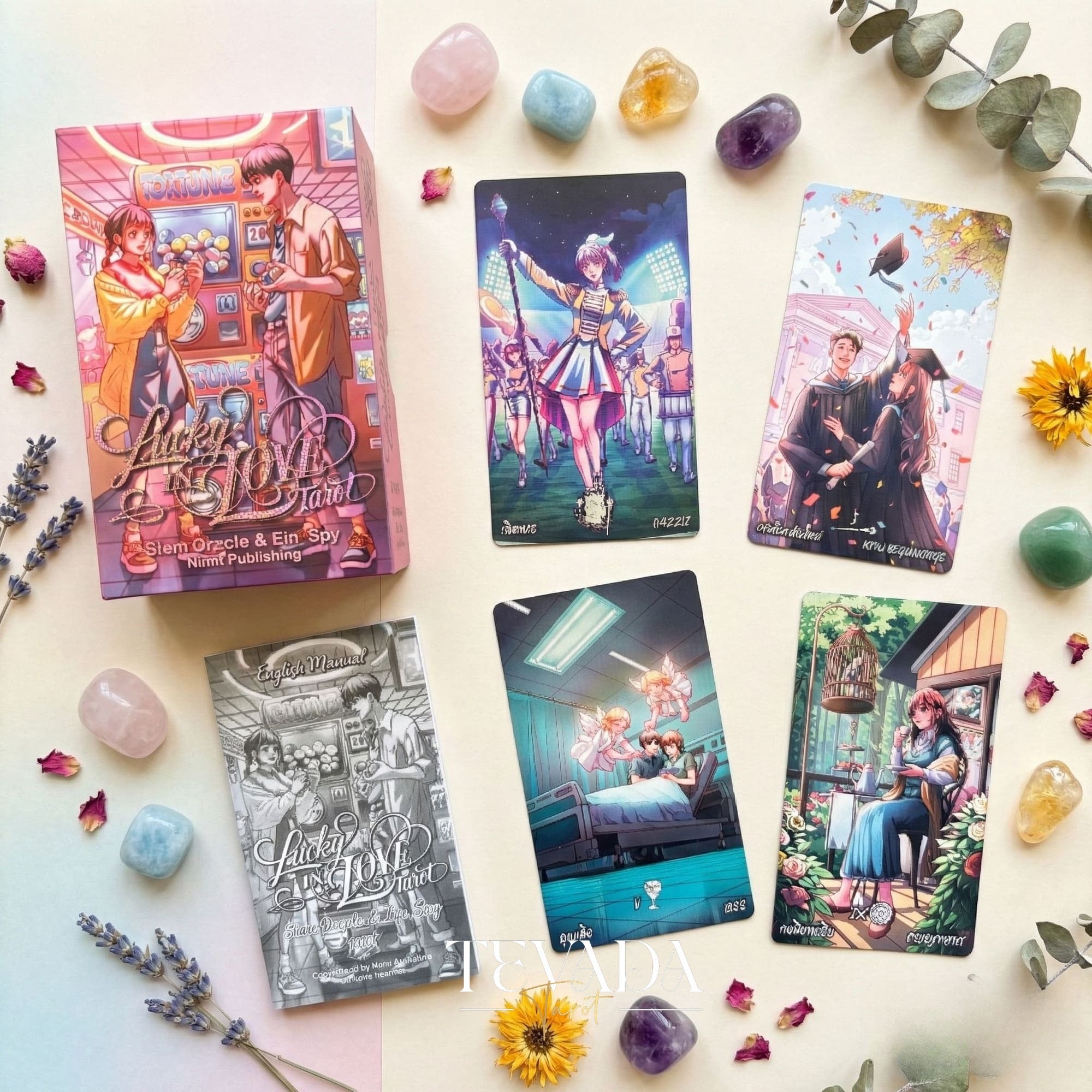 Lucky in Love Tarot Deck featuring modern Korean manhwa art and red glitter edges for love readings.