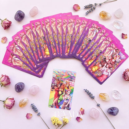 Lucky in Love Tarot Deck featuring modern Korean manhwa art and red glitter edges for love readings.