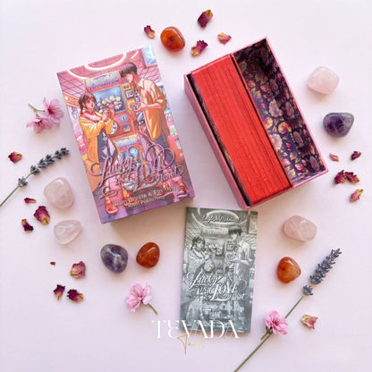 Lucky in Love Tarot Deck featuring modern Korean manhwa art and red glitter edges for love readings.