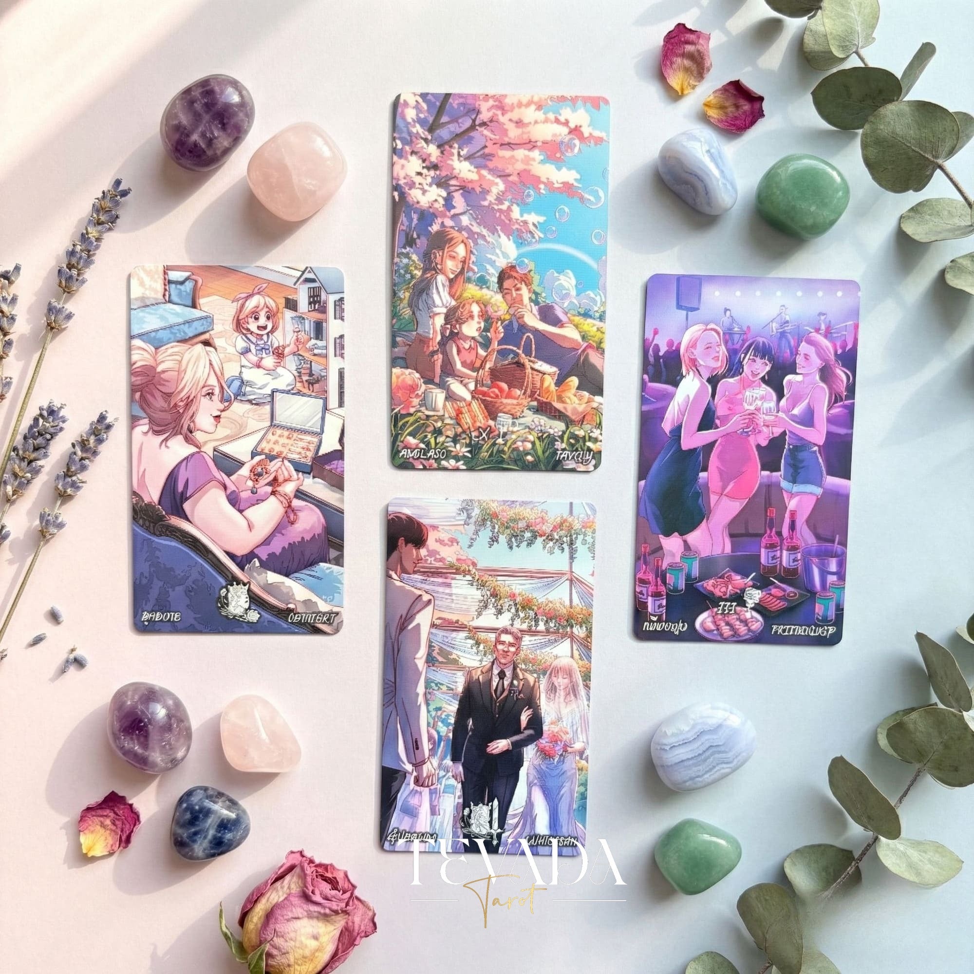 Lucky in Love Tarot Deck featuring modern Korean manhwa art and red glitter edges for love readings.