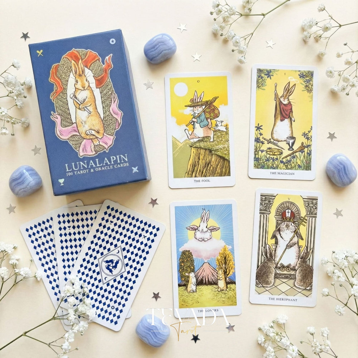 Lunalapin Tarot &amp; Oracle Deck featuring cute bunny illustrations. A healing Tarot Deck for intuitive guidance and daily joy