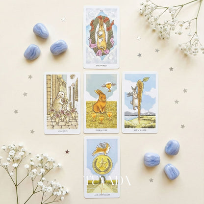 Lunalapin Tarot &amp; Oracle Deck featuring cute bunny illustrations. A healing Tarot Deck for intuitive guidance and daily joy