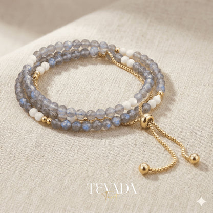 Handmade healing crystal bracelet in 3 designs for protection, intuition, and emotional balance. Crafted with obsidian, moonstone, and shell stone for spiritual rituals or daily wear.