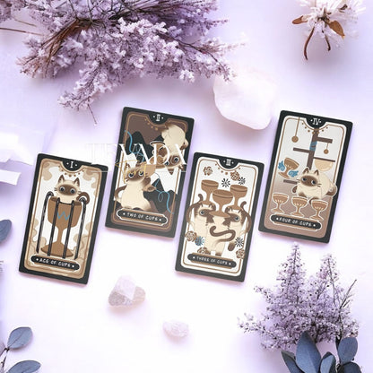 Discover the Mocha Siamese Cat Tarot DELUXE Edition – 78 magical, intuitive cards featuring charming Siamese cats for divination, guidance, and personal growth.
