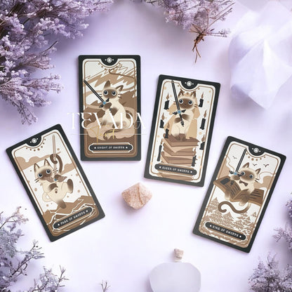 Discover the Mocha Siamese Cat Tarot DELUXE Edition – 78 magical, intuitive cards featuring charming Siamese cats for divination, guidance, and personal growth.
