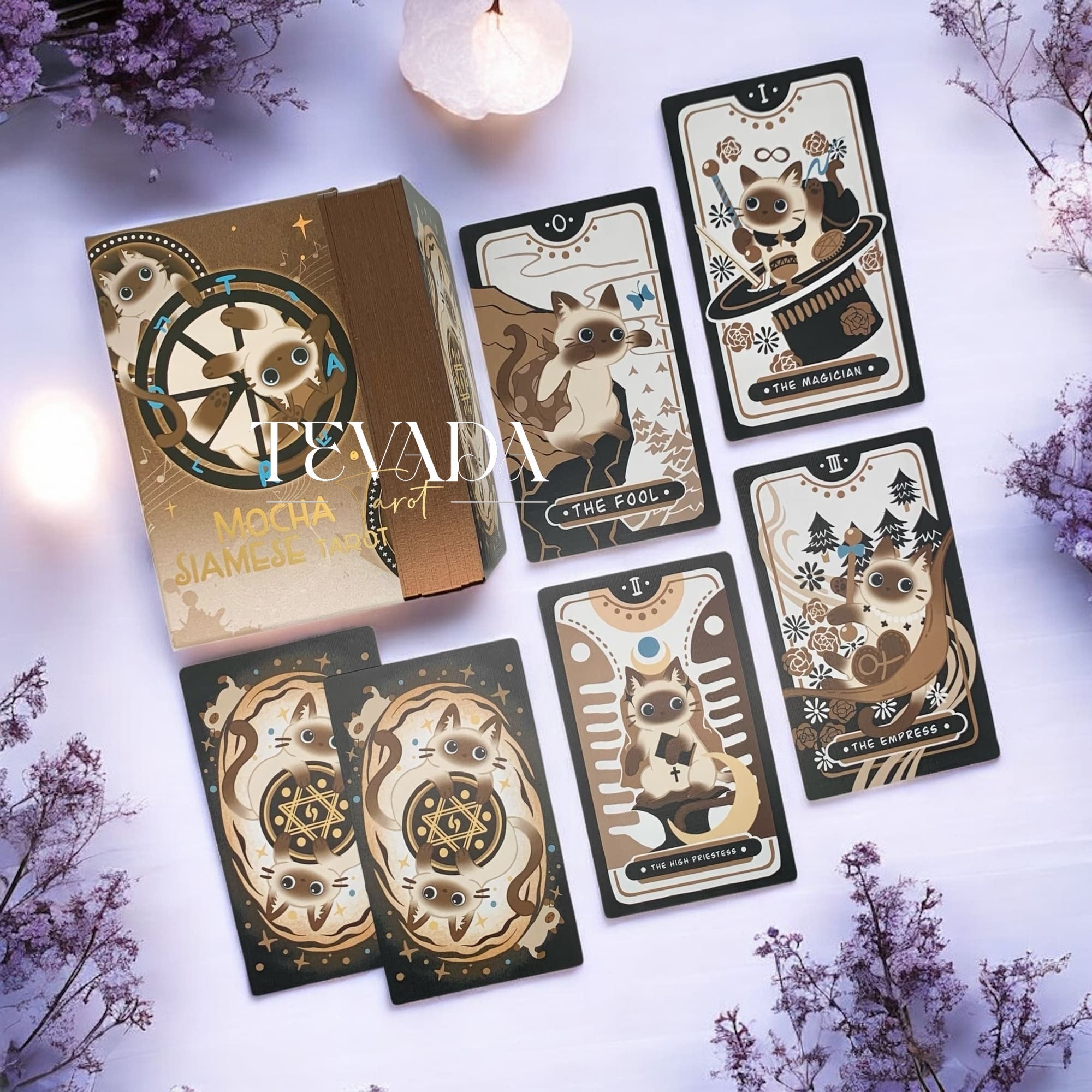 Discover the Mocha Siamese Cat Tarot DELUXE Edition – 78 magical, intuitive cards featuring charming Siamese cats for divination, guidance, and personal growth.