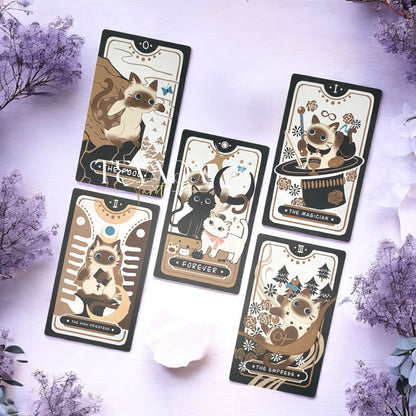 Discover the Mocha Siamese Cat Tarot DELUXE Edition – 78 magical, intuitive cards featuring charming Siamese cats for divination, guidance, and personal growth.