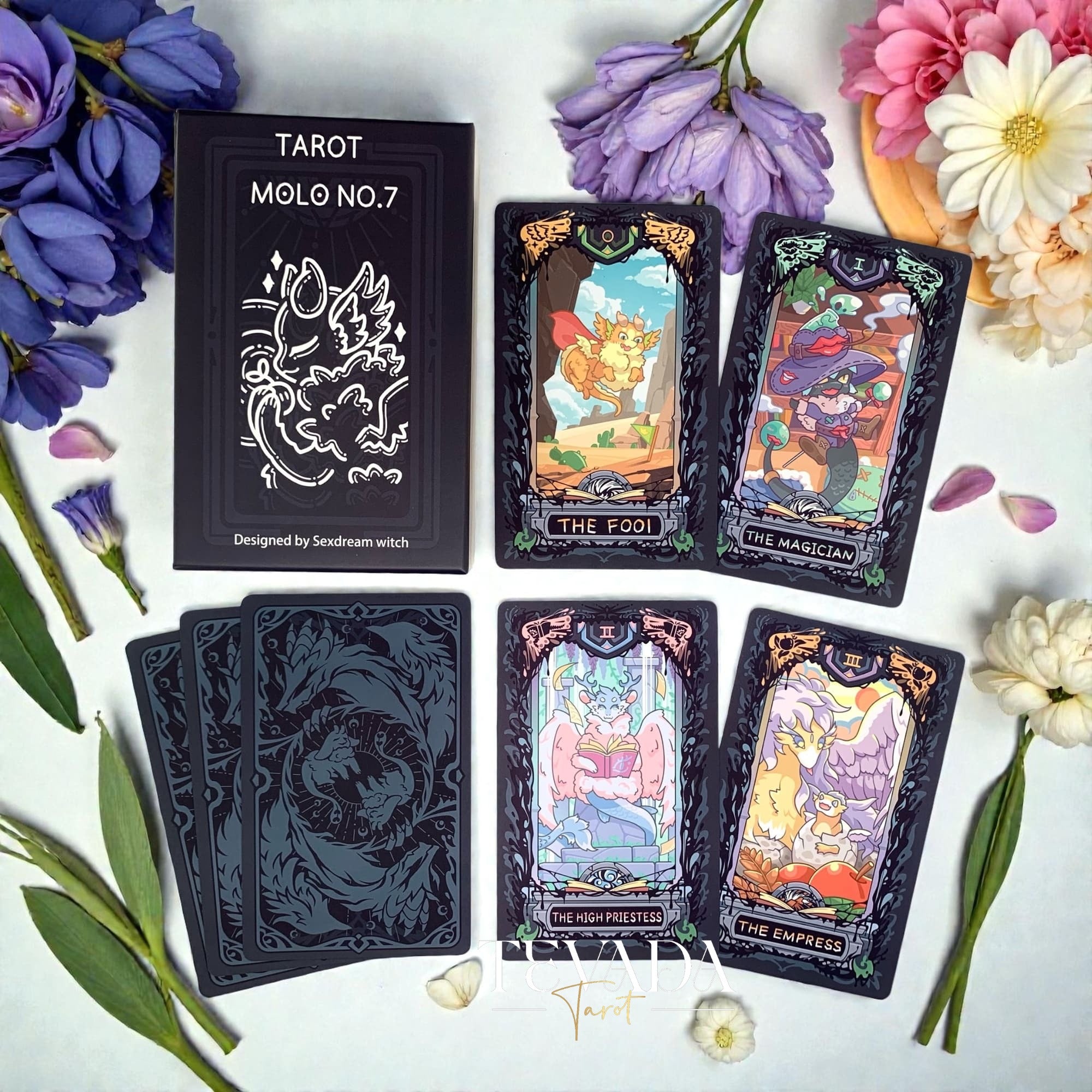 Discover the Molo No.7 Tarot Deck DELUXE Edition—78 cartoon-style cards featuring wolves and dragons, housed in a wooden box. A magical tool for divination, clarity, and intuitive readings.