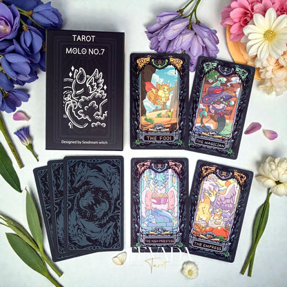 Discover the Molo No.7 Tarot Deck DELUXE Edition—78 cartoon-style cards featuring wolves and dragons, housed in a wooden box. A magical tool for divination, clarity, and intuitive readings.