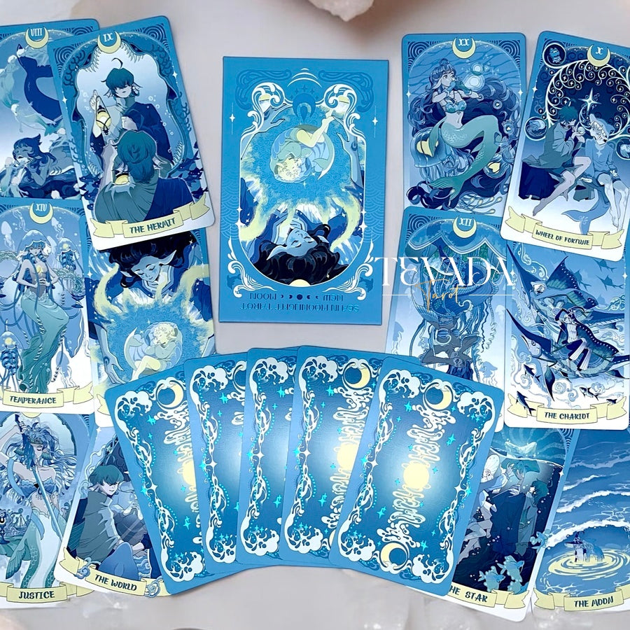 Dive into the enchanting world of the Sea in the Moonlight Tarot, where intuition and magic converge beneath the waves. This 78-card deck, drenched in serene blue tones, guides you on a mystical journey of self-discovery, inspired by the tale of an albino dolphin who embarks on a path of acceptance and growth.

Each card in this underwater-themed deck is a visual and spiritual delight, offering deep, intuitive insights and guidance. The Major Arcana begins with &quot;0 Escaper,&quot; a unique twist that mirrors the F