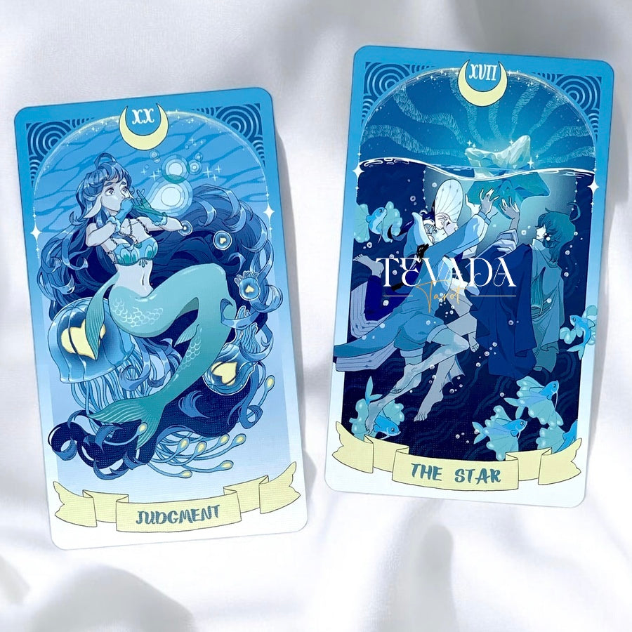 Dive into the enchanting world of the Sea in the Moonlight Tarot, where intuition and magic converge beneath the waves. This 78-card deck, drenched in serene blue tones, guides you on a mystical journey of self-discovery, inspired by the tale of an albino dolphin who embarks on a path of acceptance and growth.

Each card in this underwater-themed deck is a visual and spiritual delight, offering deep, intuitive insights and guidance. The Major Arcana begins with &quot;0 Escaper,&quot; a unique twist that mirrors the F