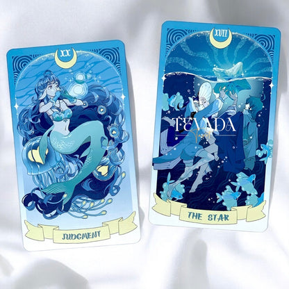 Dive into the enchanting world of the Sea in the Moonlight Tarot, where intuition and magic converge beneath the waves. This 78-card deck, drenched in serene blue tones, guides you on a mystical journey of self-discovery, inspired by the tale of an albino dolphin who embarks on a path of acceptance and growth.

Each card in this underwater-themed deck is a visual and spiritual delight, offering deep, intuitive insights and guidance. The Major Arcana begins with &quot;0 Escaper,&quot; a unique twist that mirrors the F