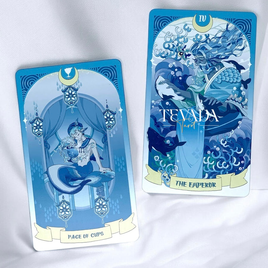 Dive into the enchanting world of the Sea in the Moonlight Tarot, where intuition and magic converge beneath the waves. This 78-card deck, drenched in serene blue tones, guides you on a mystical journey of self-discovery, inspired by the tale of an albino dolphin who embarks on a path of acceptance and growth.

Each card in this underwater-themed deck is a visual and spiritual delight, offering deep, intuitive insights and guidance. The Major Arcana begins with &quot;0 Escaper,&quot; a unique twist that mirrors the F