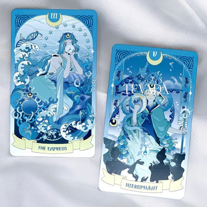 Dive into the enchanting world of the Sea in the Moonlight Tarot, where intuition and magic converge beneath the waves. This 78-card deck, drenched in serene blue tones, guides you on a mystical journey of self-discovery, inspired by the tale of an albino dolphin who embarks on a path of acceptance and growth.

Each card in this underwater-themed deck is a visual and spiritual delight, offering deep, intuitive insights and guidance. The Major Arcana begins with &quot;0 Escaper,&quot; a unique twist that mirrors the F