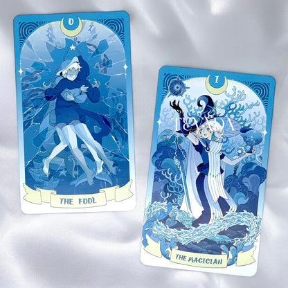 Dive into the enchanting world of the Sea in the Moonlight Tarot, where intuition and magic converge beneath the waves. This 78-card deck, drenched in serene blue tones, guides you on a mystical journey of self-discovery, inspired by the tale of an albino dolphin who embarks on a path of acceptance and growth.

Each card in this underwater-themed deck is a visual and spiritual delight, offering deep, intuitive insights and guidance. The Major Arcana begins with &quot;0 Escaper,&quot; a unique twist that mirrors the F