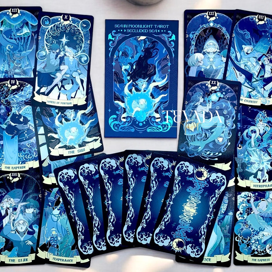 Unlock intuitive insights with the Sea in the Moonlight Tarot. This 78-card underwater-themed deck guides your journey of self-discovery, inspired by a magical albino dolphin’s story