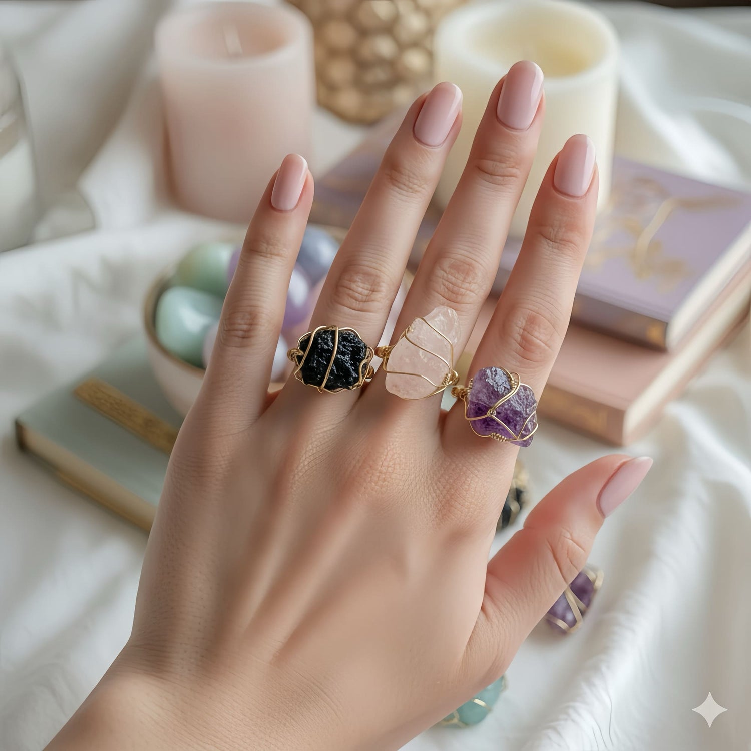Explore five powerful crystals in one listing. These Mystic Crystal Rings support intuition, energy healing, and ritual work—ideal for witches, mystics, and spiritual seekers.
