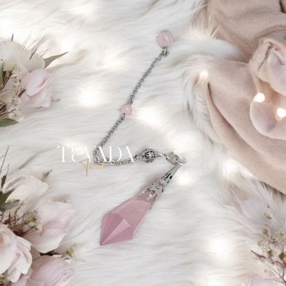 Enhance your spiritual journey with the Mystic Rose Quartz Pendulum. Perfect for meditation, energy healing, and promoting unconditional love and emotional healing. A beautifully crafted divination tool.