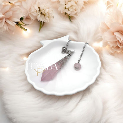 Enhance your spiritual journey with the Mystic Rose Quartz Pendulum. Perfect for meditation, energy healing, and promoting unconditional love and emotional healing. A beautifully crafted divination tool.