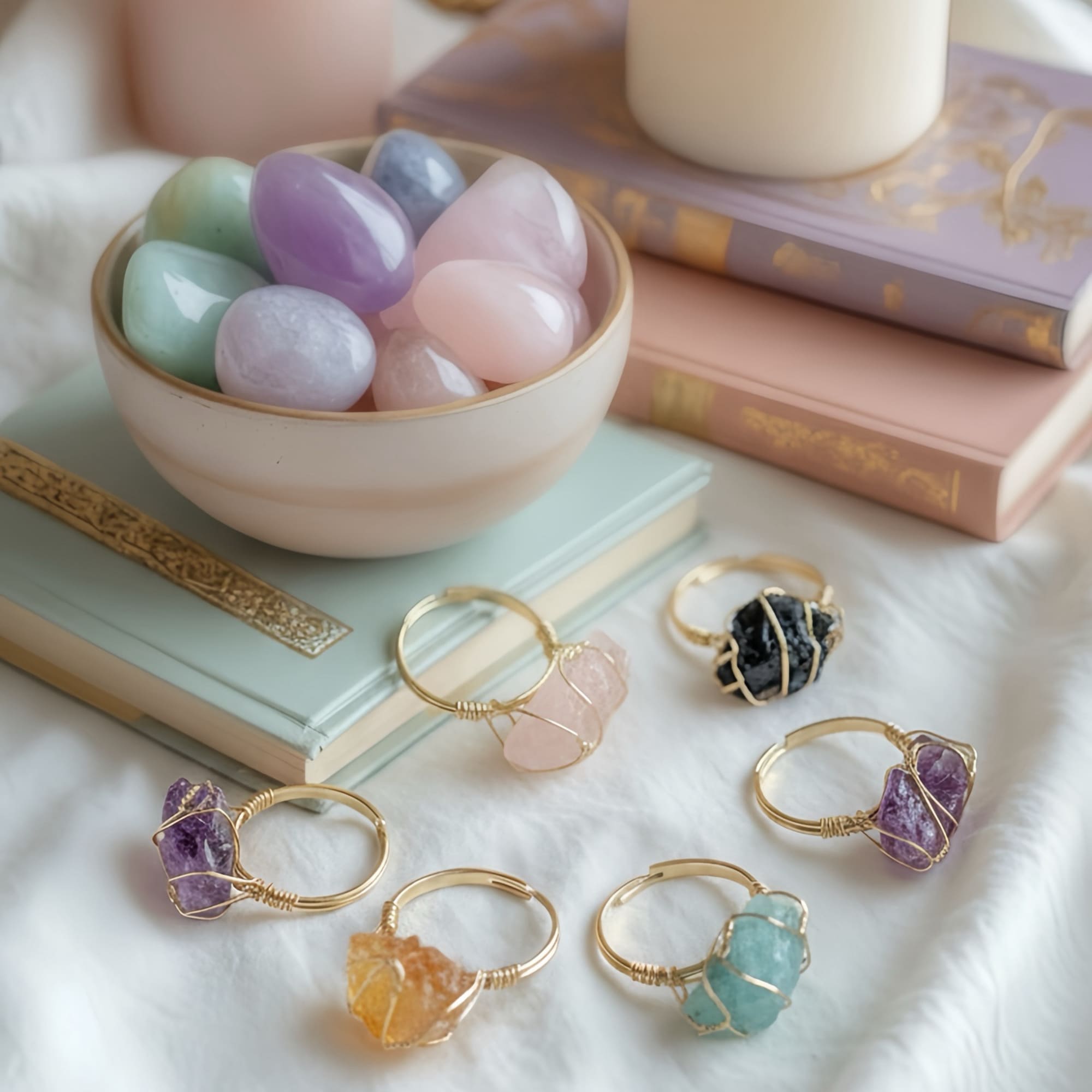 Explore five powerful crystals in one listing. These Mystic Crystal Rings support intuition, energy healing, and ritual work—ideal for witches, mystics, and spiritual seekers.