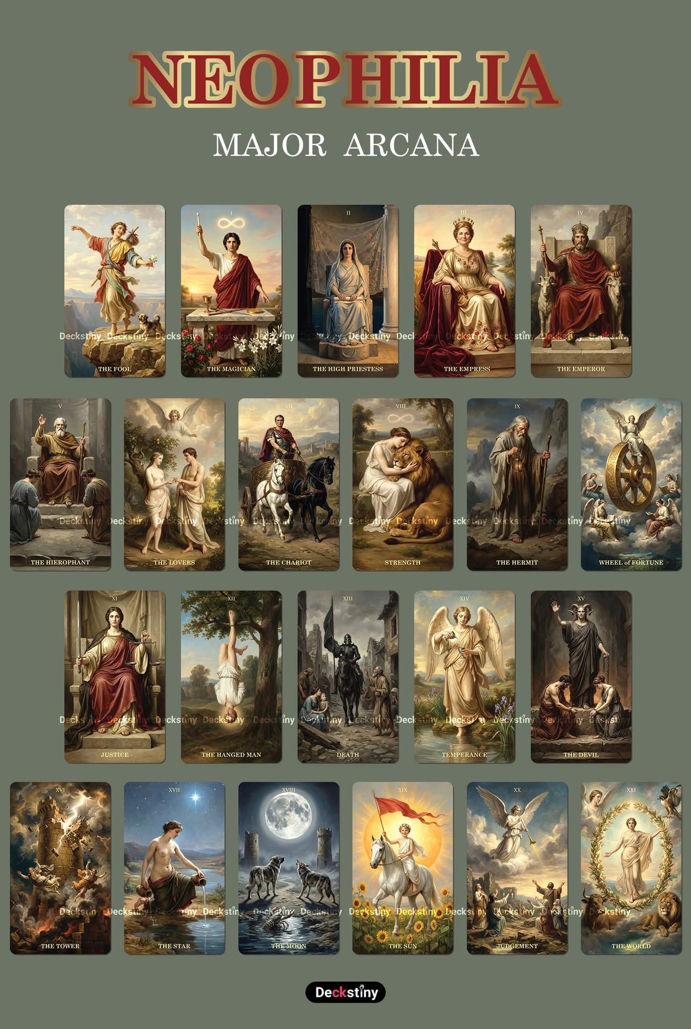 Neophilia Tarot Deck cartes de tarot indépendantes néoclassiques vintage pour une réflexion personnelle profonde et des rituels spirituels quotidiens.