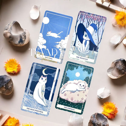 Discover the Nimn White Cat Tarot, a 78-card deck of soft, gentle artistry that brings intuitive guidance, magical clarity, and a soothing touch to every tarot reading.