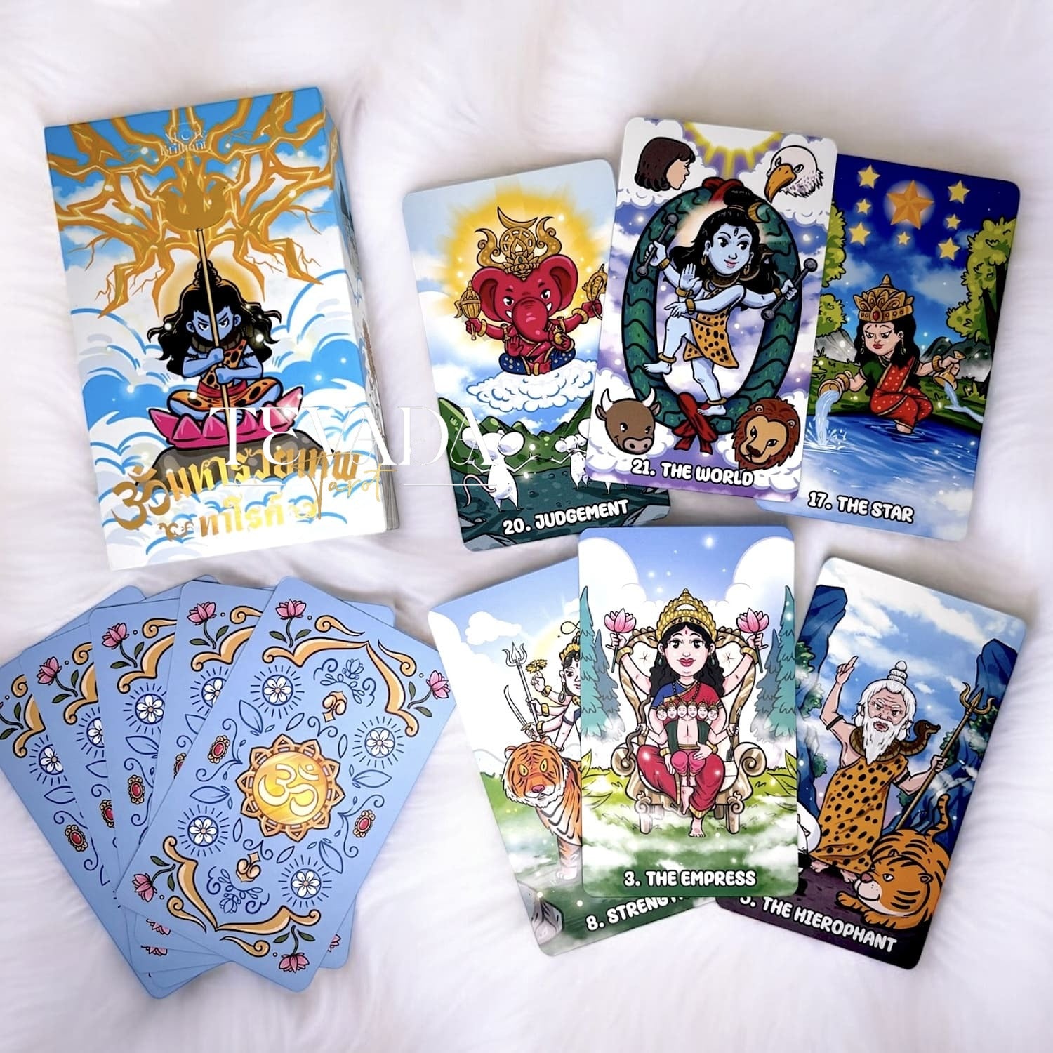 Discover divine guidance with the OmMahaRueyThep Tarot Deck. 78 cards inspired by Hindu gods, designed for wealth and prosperity. Perfect for spiritual seekers.