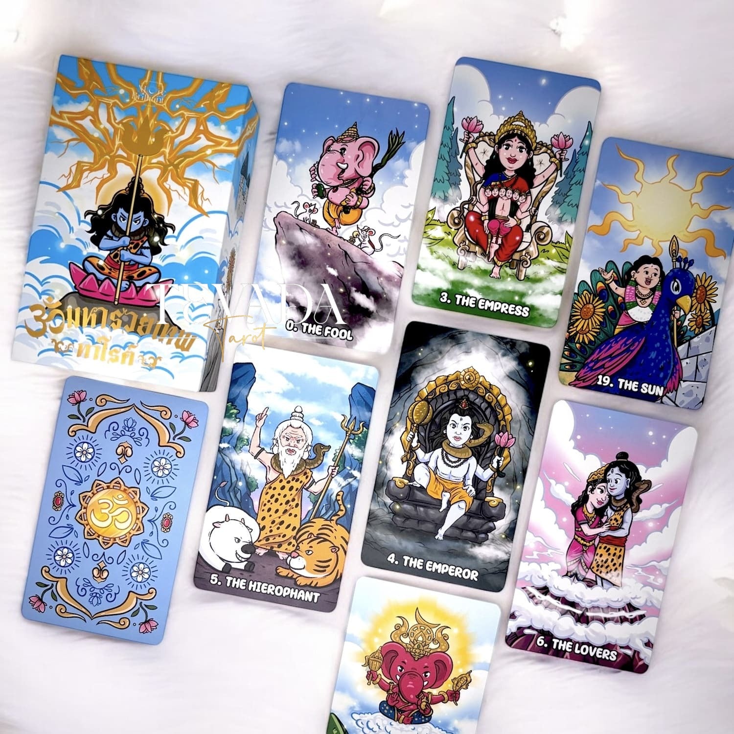 Discover divine guidance with the OmMahaRueyThep Tarot Deck. 78 cards inspired by Hindu gods, designed for wealth and prosperity. Perfect for spiritual seekers.