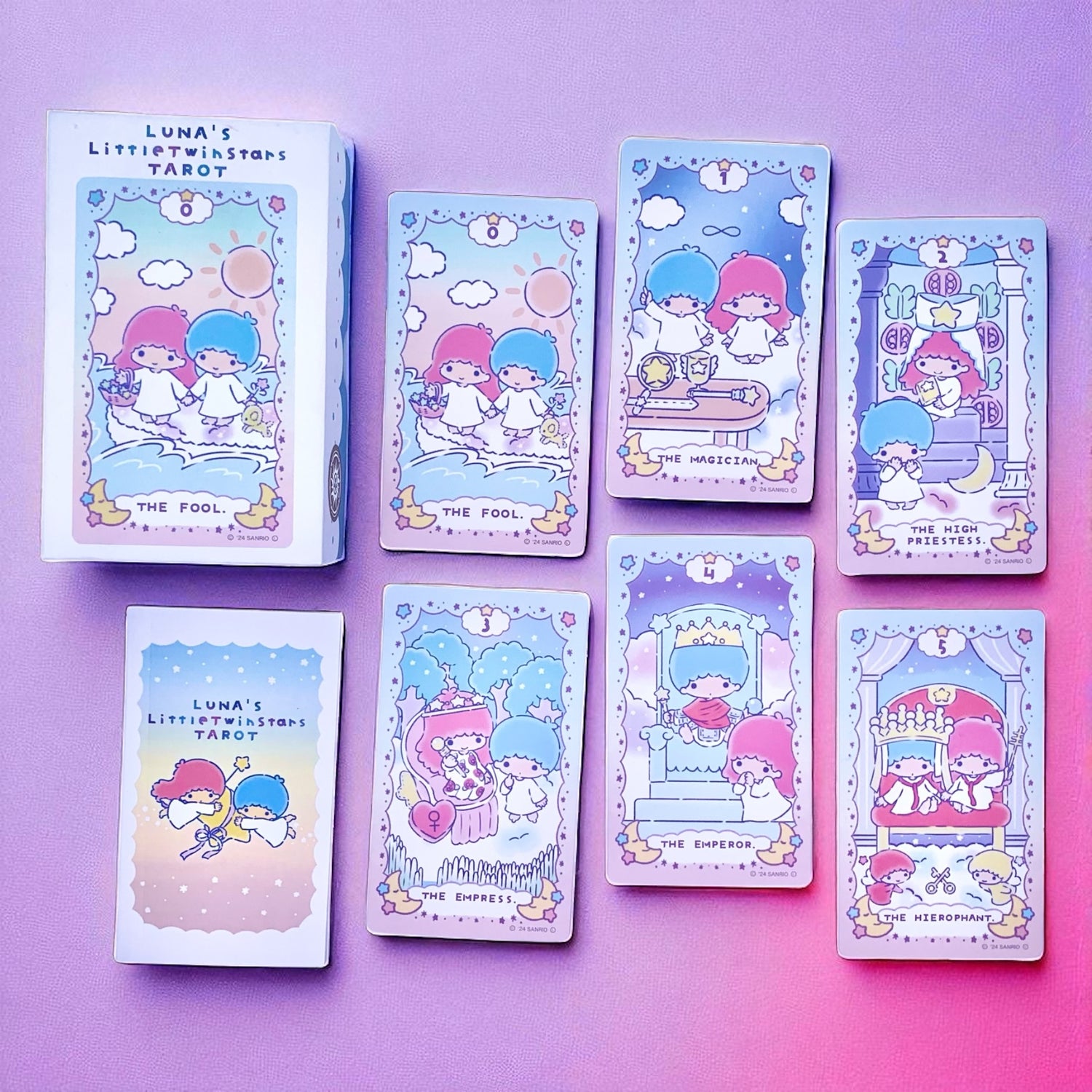 Discover Luna’s Little Twin Stars Tarot—78 magical cards featuring Kiki &amp; Lala. Perfect for beginners, collectors, and intuitive readings. Includes guidebook in English.
