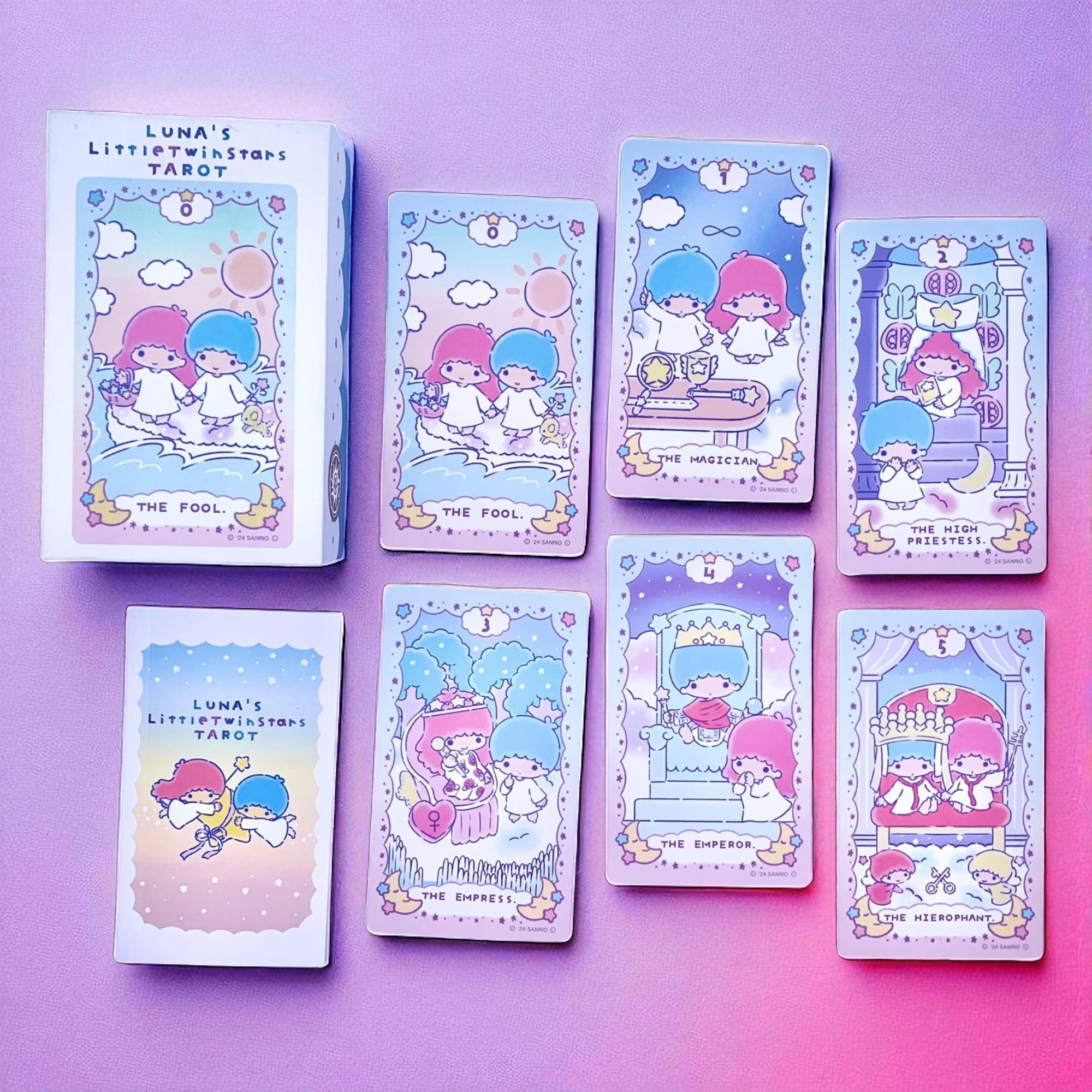 Discover Luna’s Little Twin Stars Tarot—78 magical cards featuring Kiki &amp; Lala. Perfect for beginners, collectors, and intuitive readings. Includes guidebook in English.