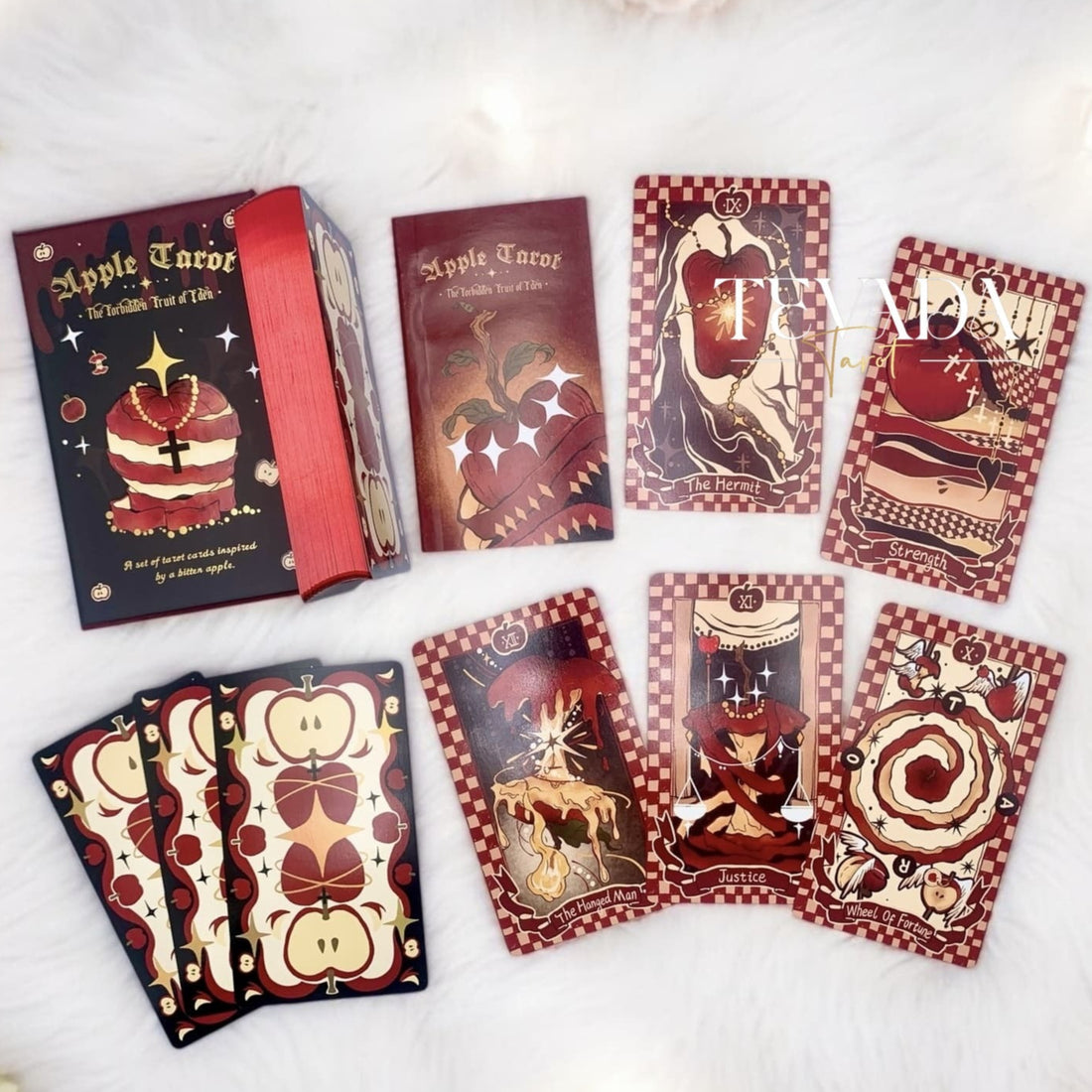 Discover the Apple Tarot DELUXE deck featuring 78 cards in a cute magical red theme. Dive into intuitive readings with designs inspired by the apple’s wisdom vitality and timeless symbolism.