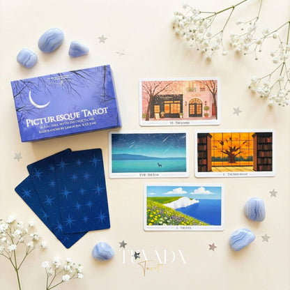 直感的に占いができる、癒しの風景イラストを水平方向に描いた絵のように美しいタロットデッキです。