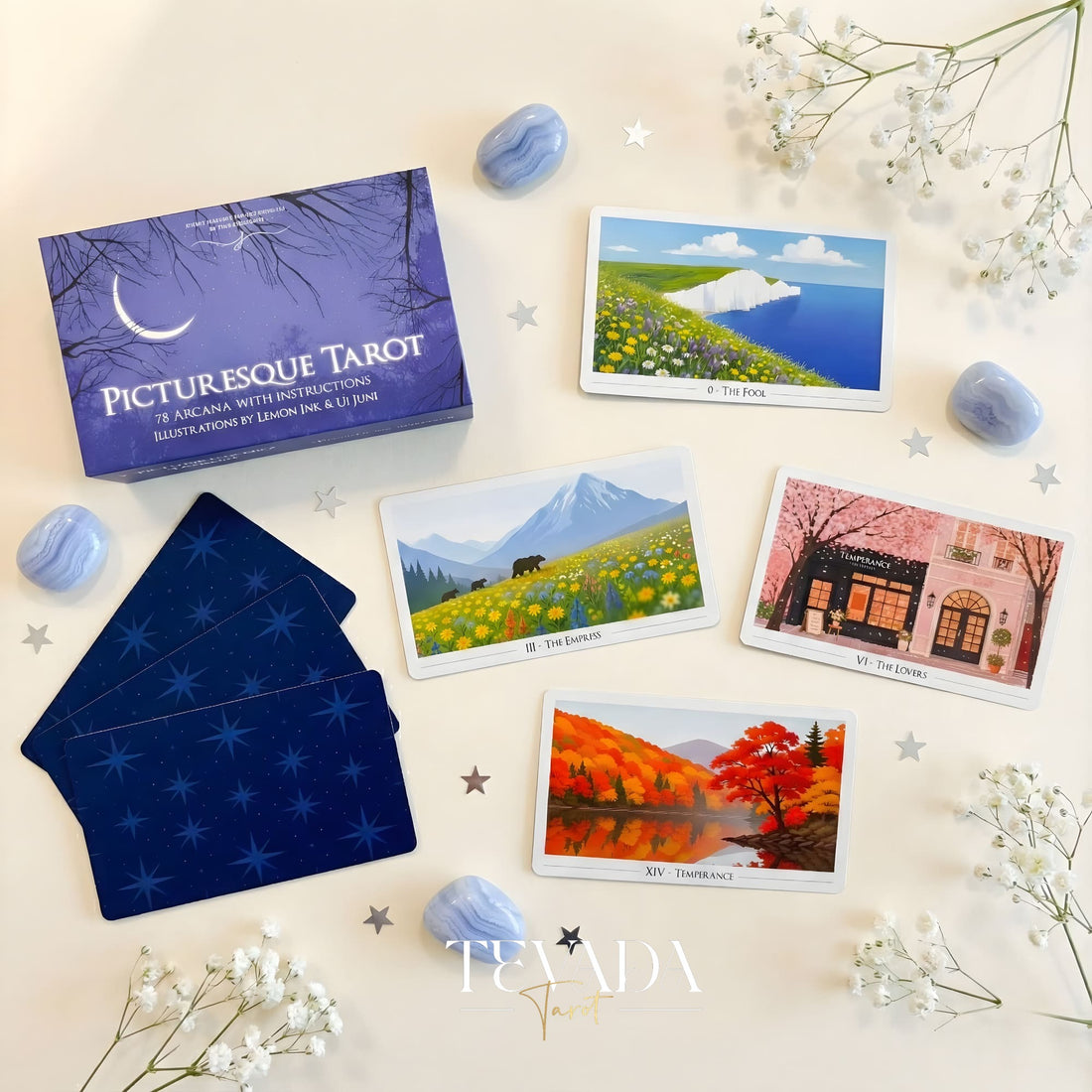 Picturesque Tarot Deck with horizontal healing landscape illustrations for intuitive divination.