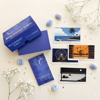 Picturesque Tarot Deck with horizontal healing landscape illustrations for intuitive divination.