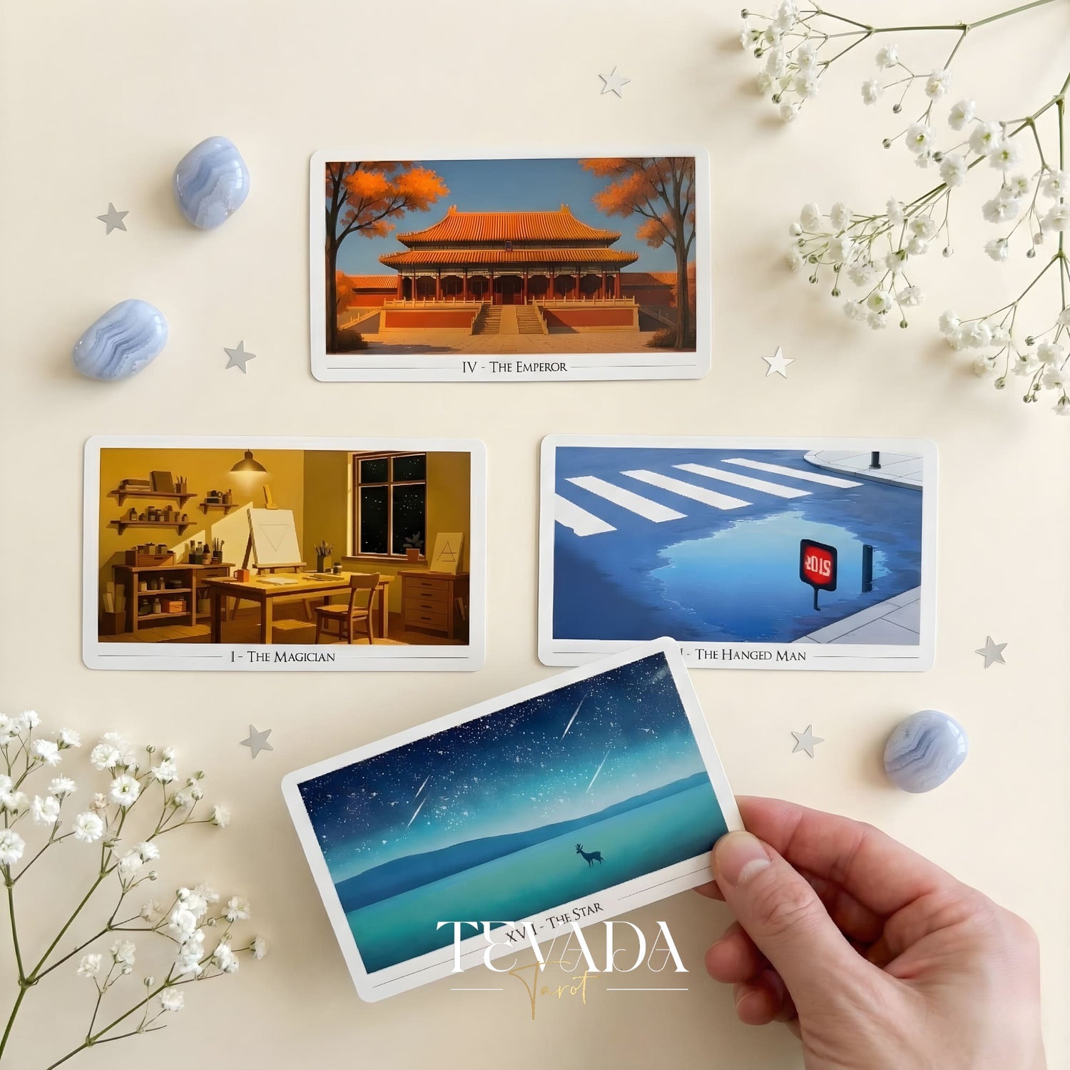 Picturesque Tarot Deck with horizontal healing landscape illustrations for intuitive divination.