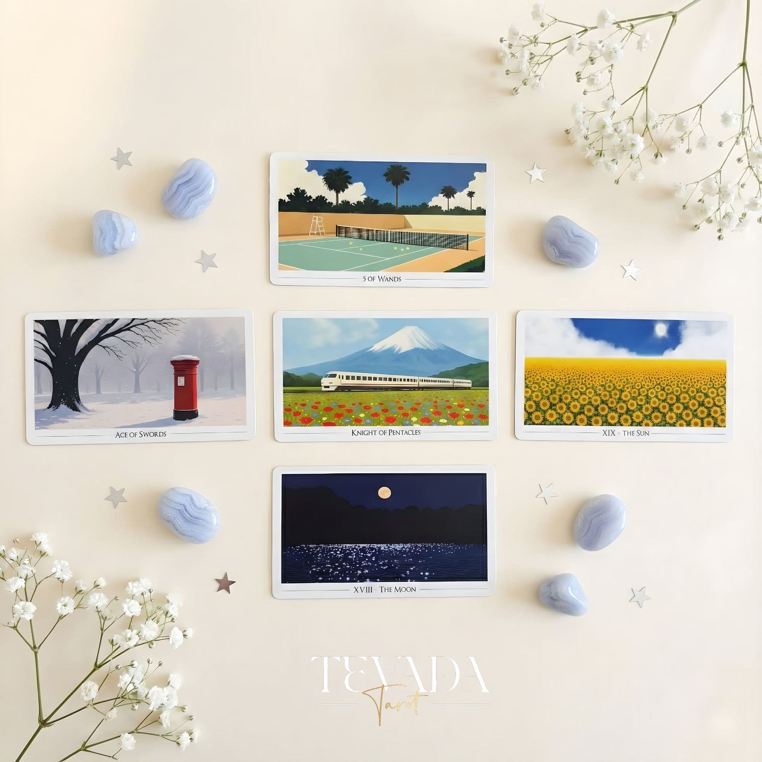 Picturesque Tarot Deck with horizontal healing landscape illustrations for intuitive divination.