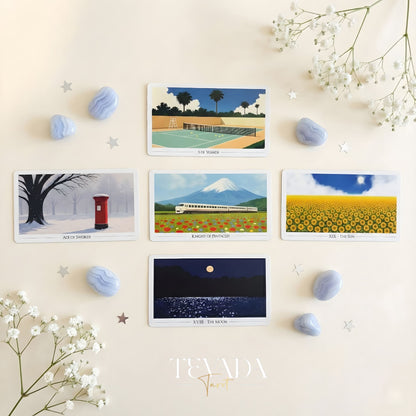 Picturesque Tarot Deck with horizontal healing landscape illustrations for intuitive divination.
