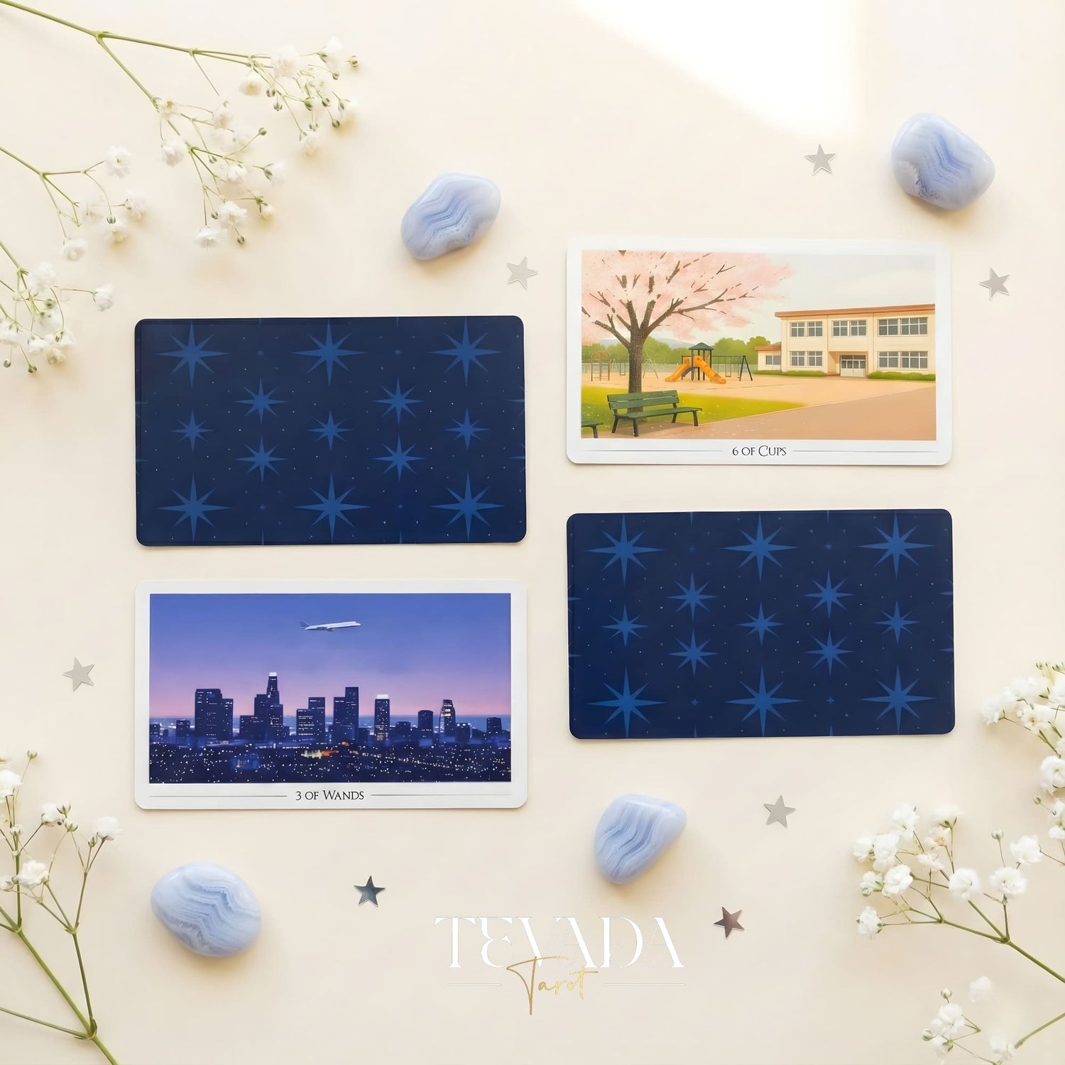 Picturesque Tarot Deck with horizontal healing landscape illustrations for intuitive divination.